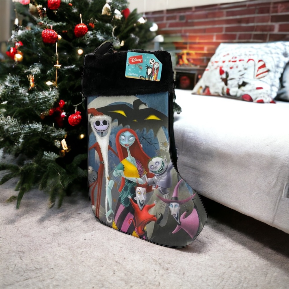 Nightmare Before Christmas Sally Jack Stocking Black Fuzzy Faux Fur Top 15" NEW